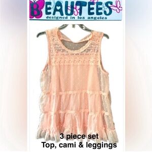 BEAUTEES 3pc Girls Victorian style Top, slip & leggings blush color Size XL NWT